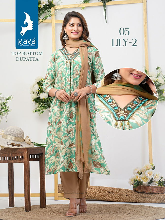 Lily 2 By Kaya Rayon Foil Printed Kurti With Bottom Dupatta Wholesale Price In Surat